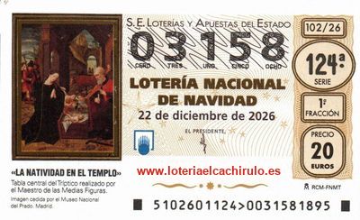 Anverso del d&eacute;cimo 03158 de la Loter&iacute;a de Navidad 2026, de Fuengirola (M&aacute;laga)